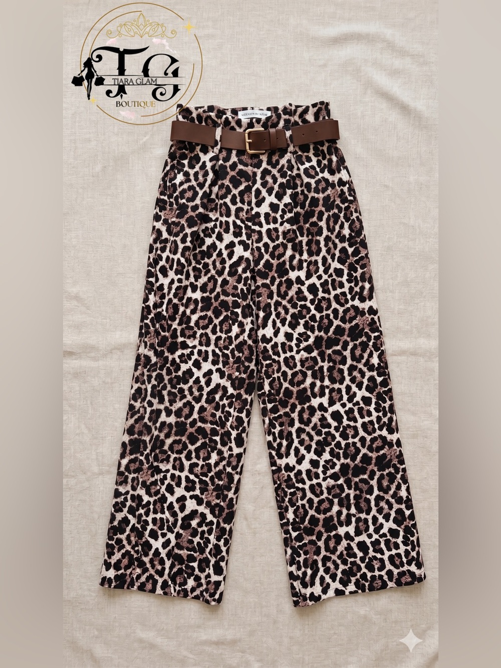 Leopard Print Wide Leg Pants with Brown Belt